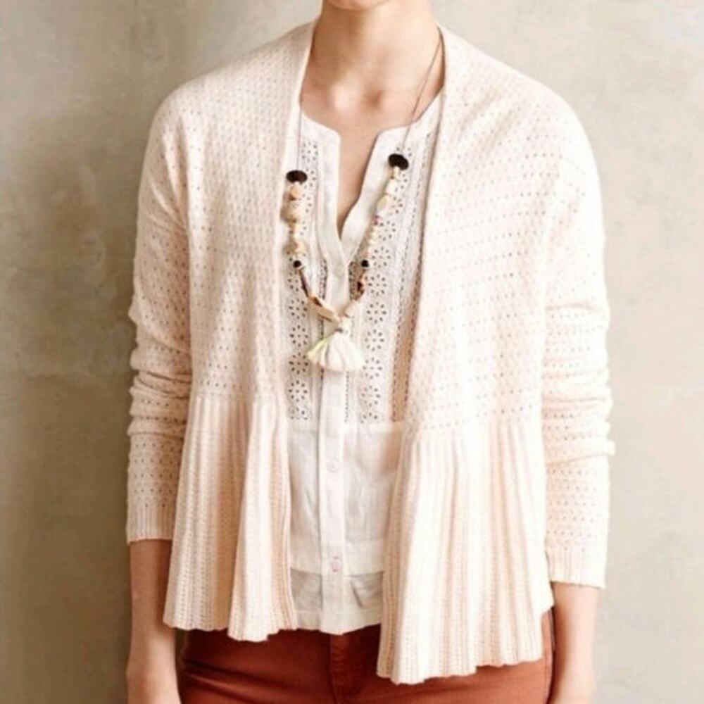Anthropologie Moth Cream Pointelle Peplum Open Front Cardigan Cashmere Large L